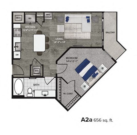 Floor plan for 1 bed, 1 bath, 656 sqft